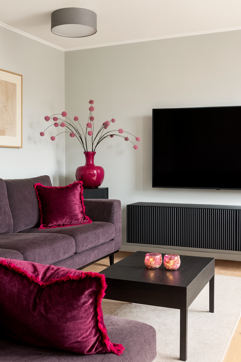 interieur voorbeeld knal roze interieur decoratie set vaas, kunsttakken, kussens en bakjes