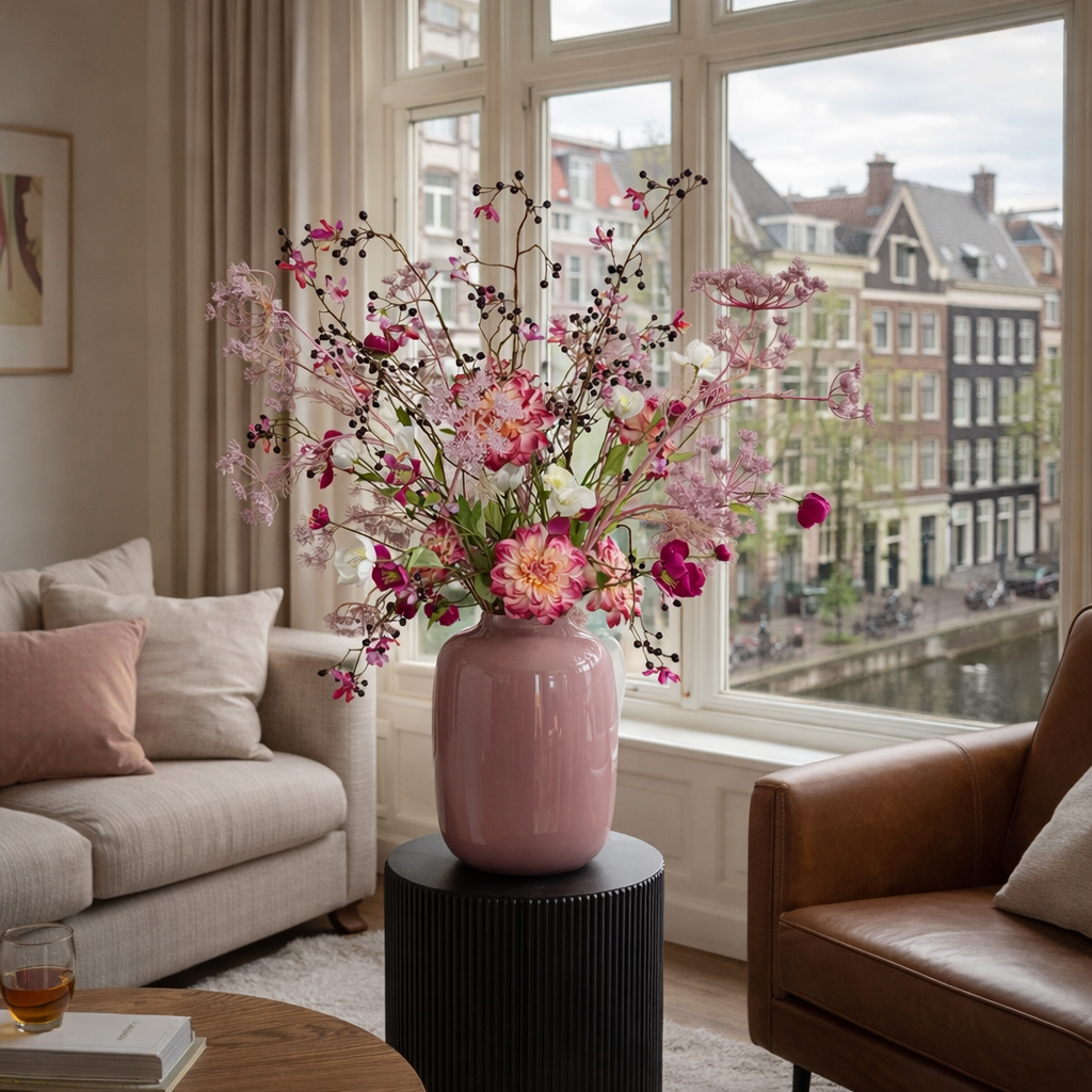 Groot zijden boeket met vaas - statement boeket - roze -