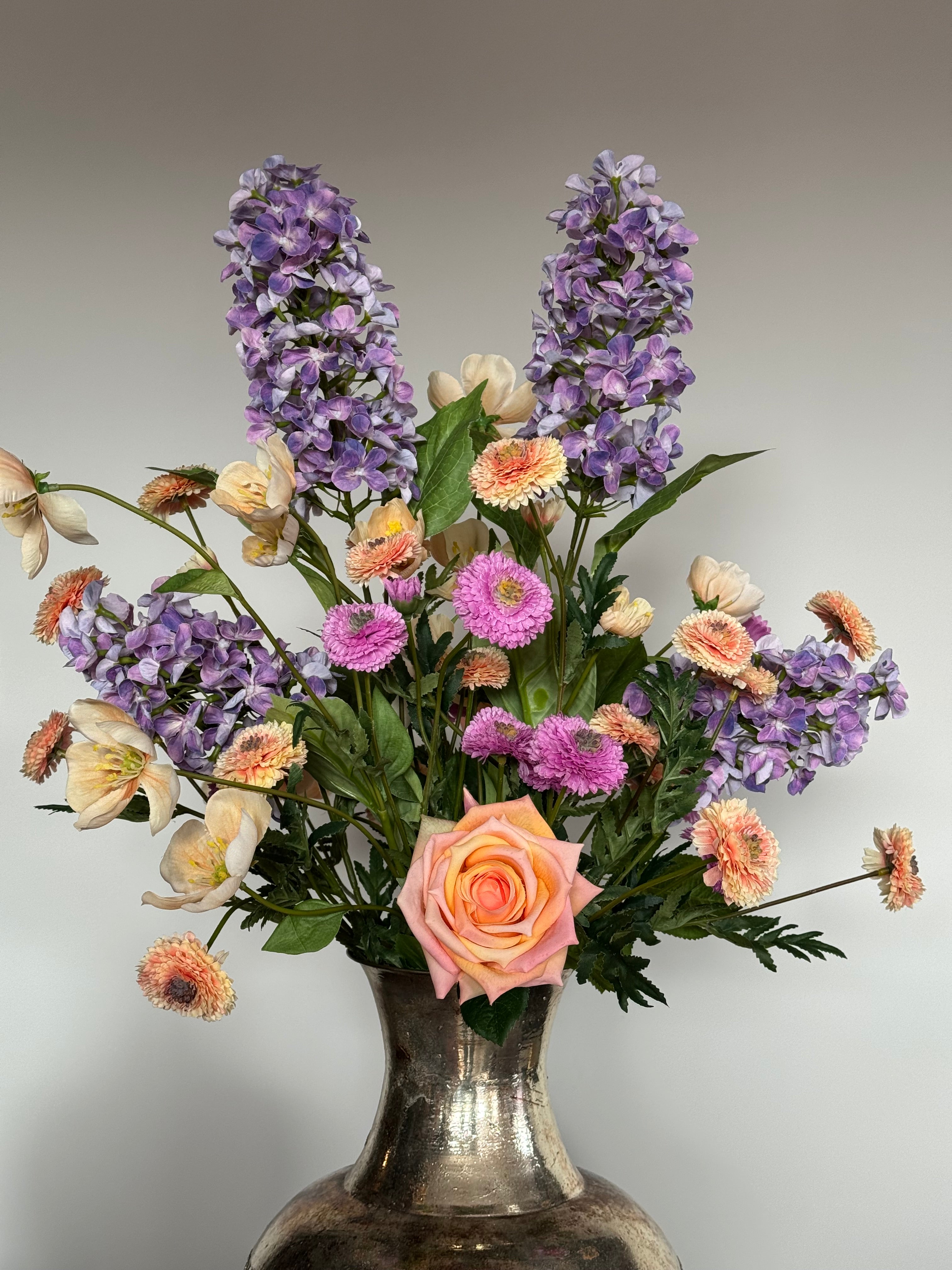 Zijden veldboeket, paars peach, real touch rozen, op=op