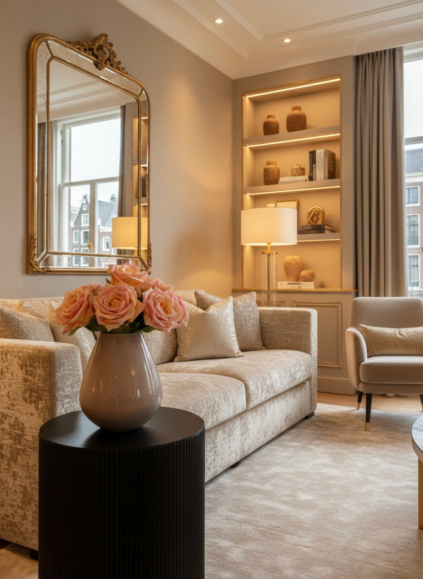 Zijden rozen boeket met vaas - real touch en handgemaakte vaas