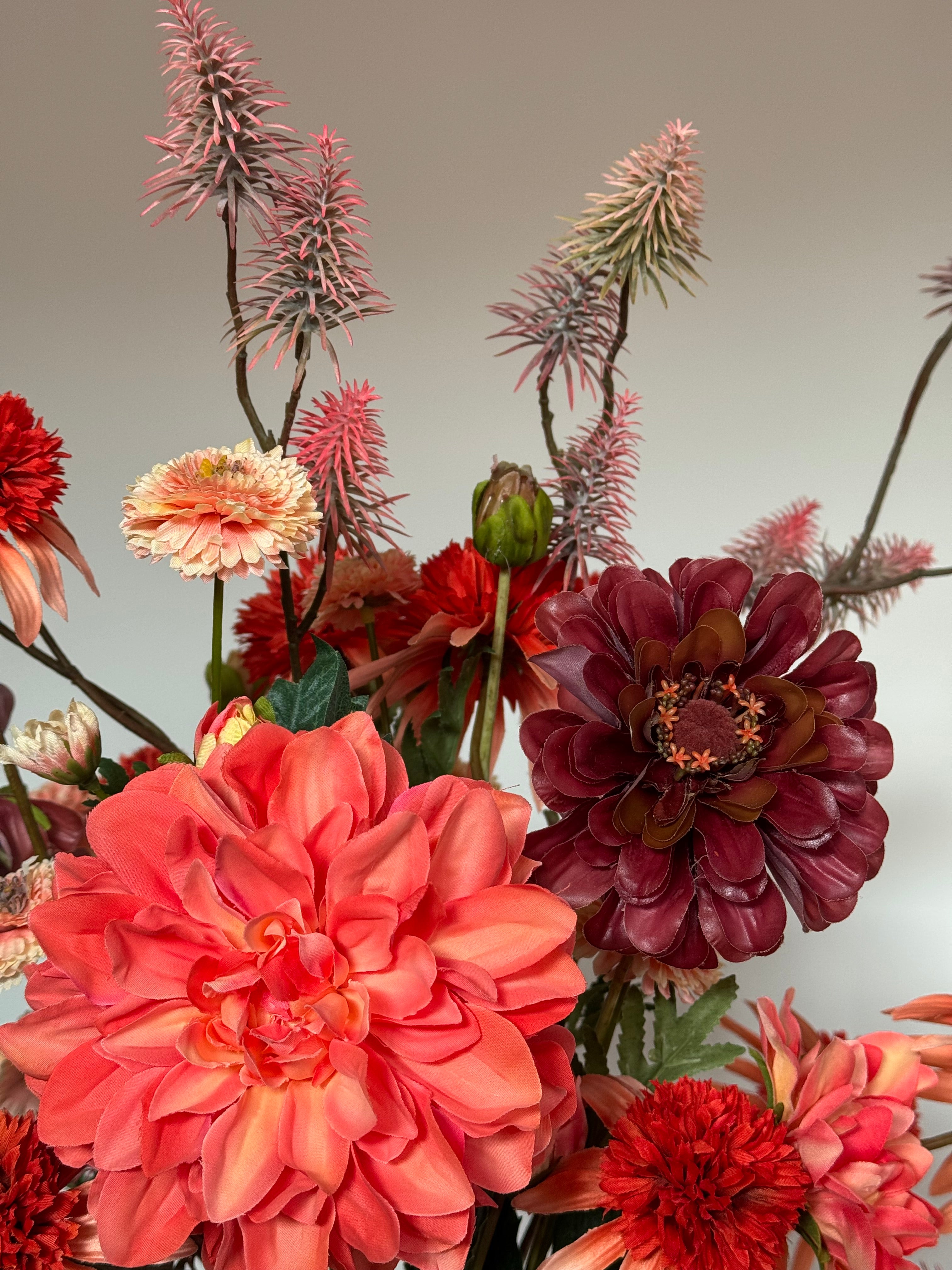 Zijden bloemen boeket, oranje, bont boeket op=op