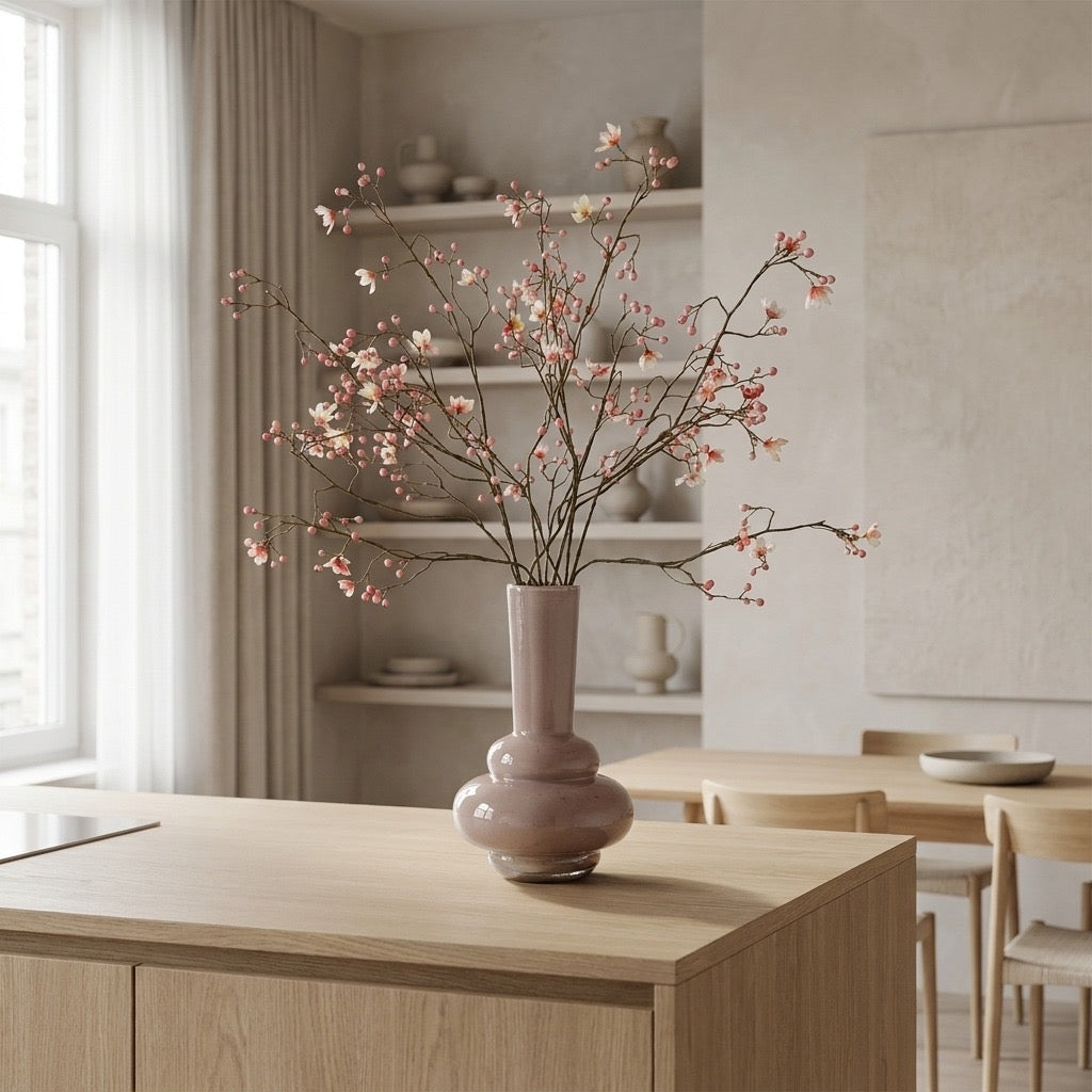 Zijden bloemen boeket, bessentakken roze, silk ka