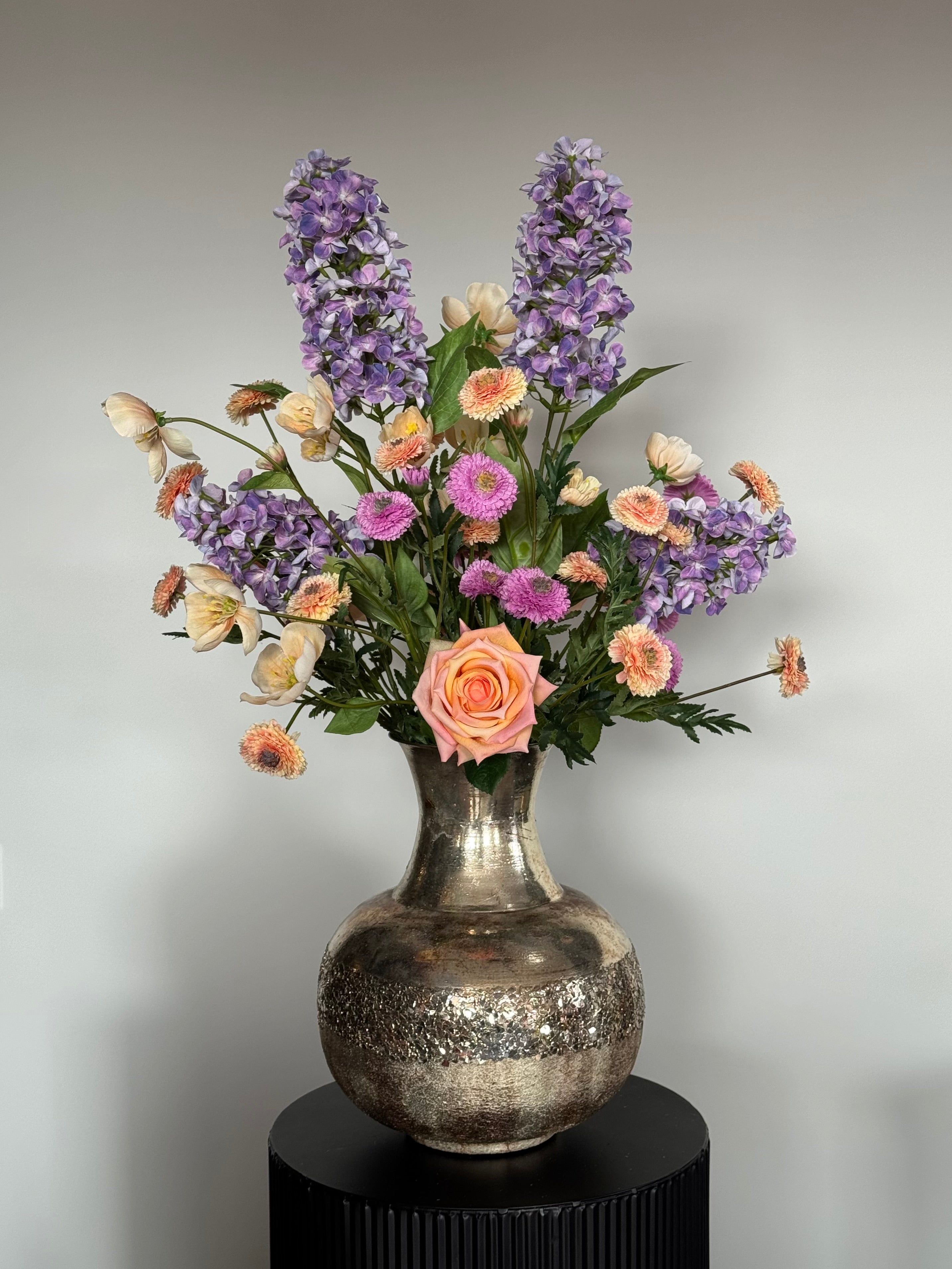 Zijden veldboeket, paars peach, real touch rozen, op=op