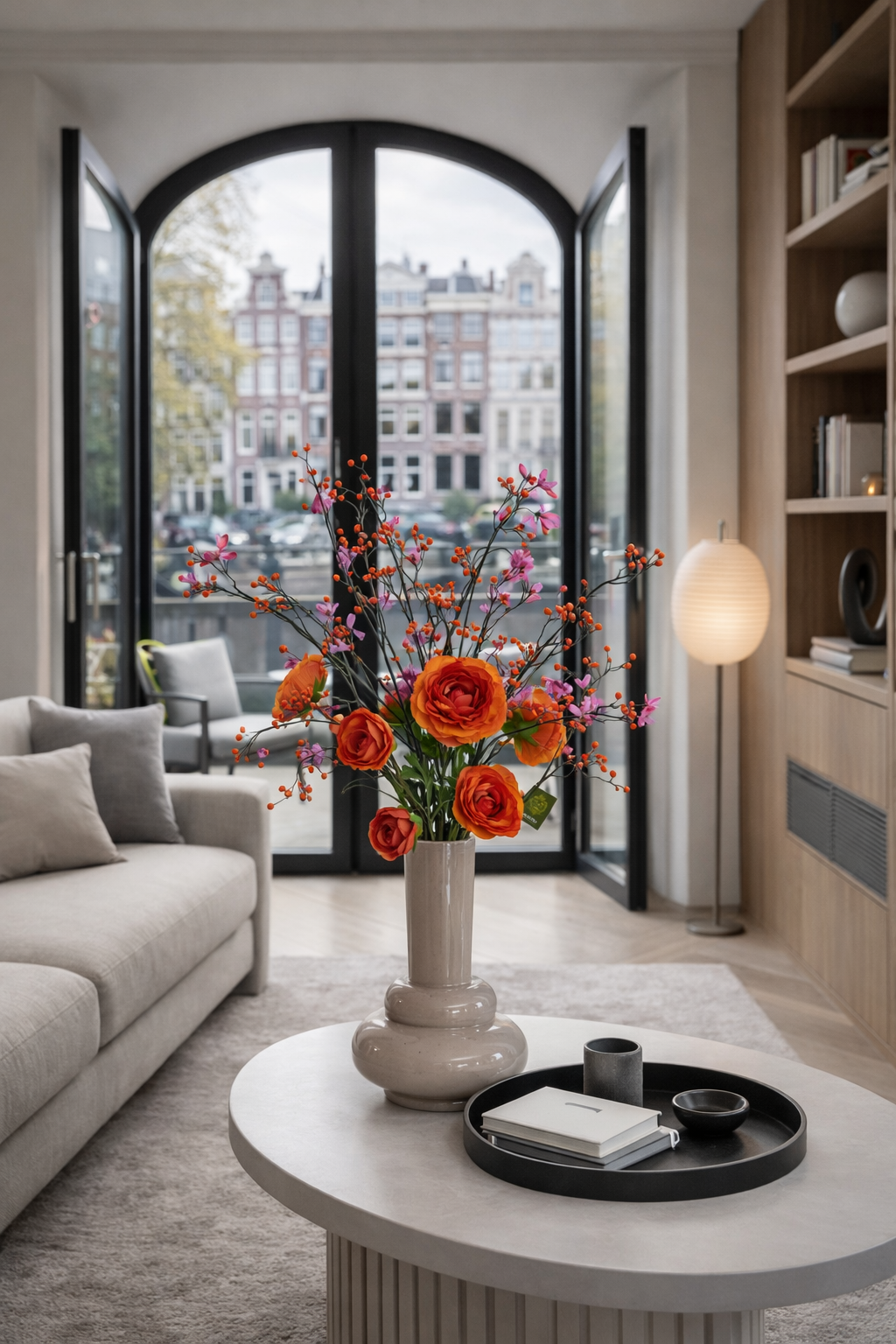 Silk-ka zijden kunstbloemen boeket met besjestakken oranje ranonkels