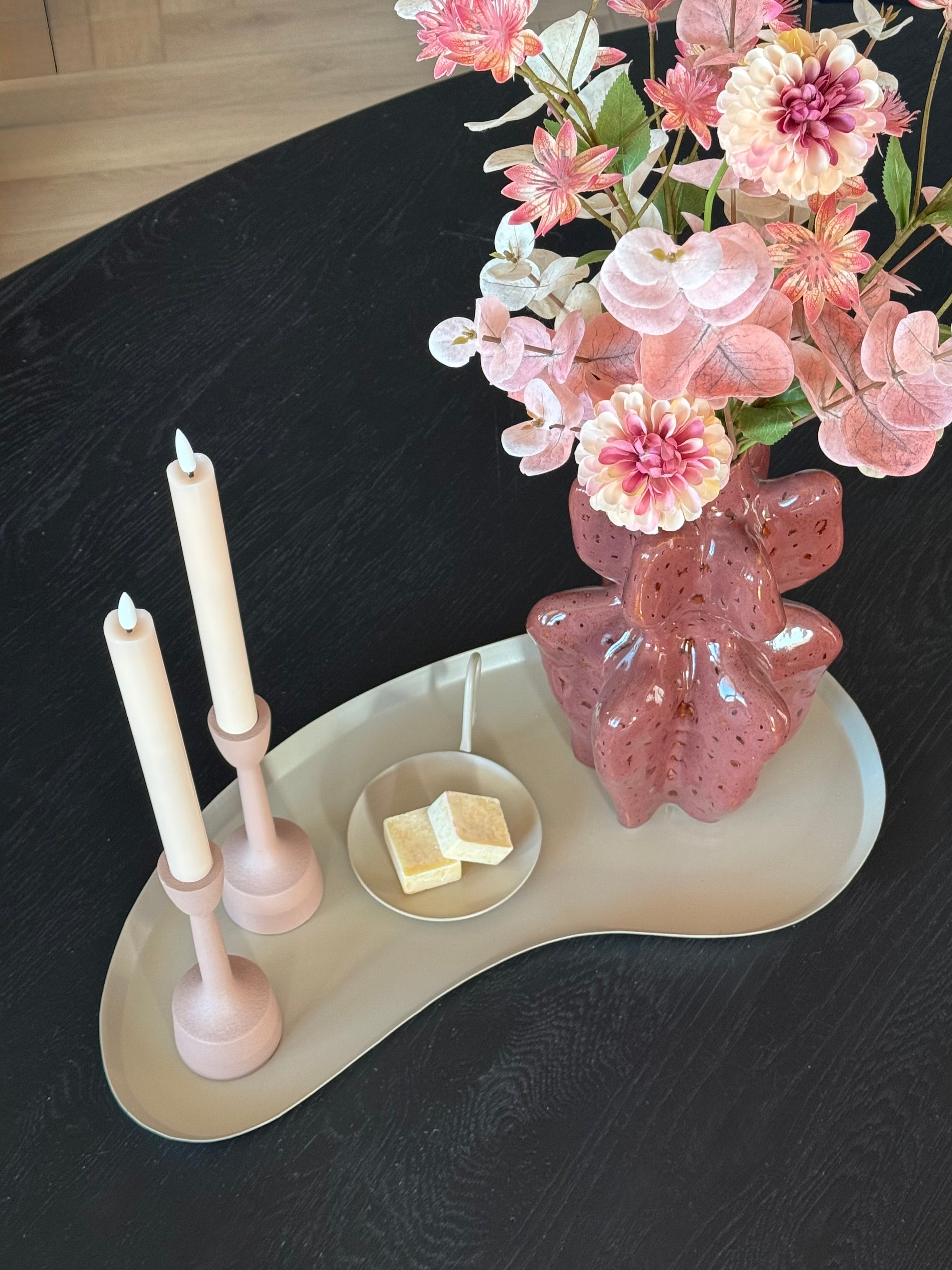 Eettafel decoratie set organisch dienblad beige oudroze