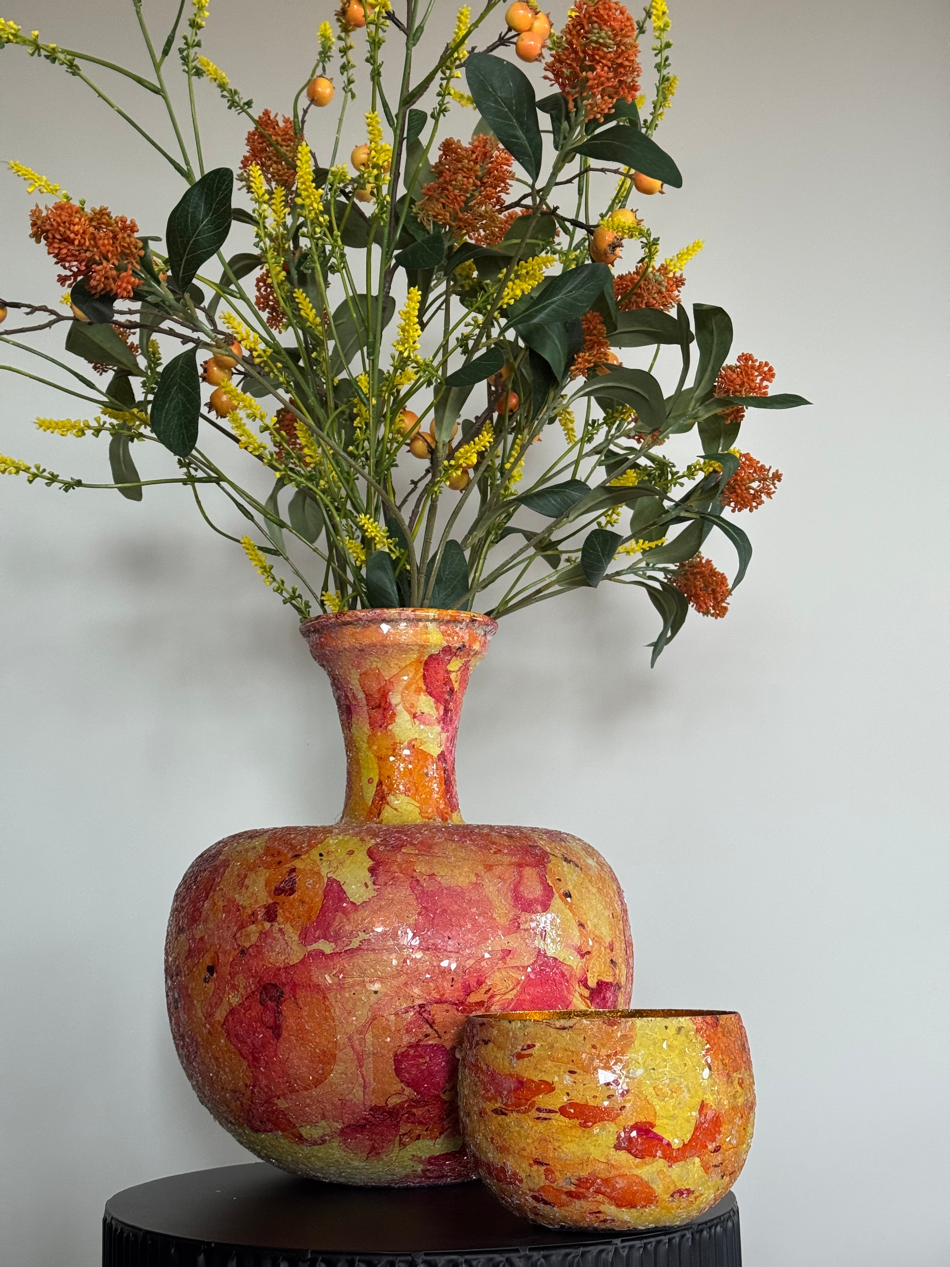 Accentkleur sunrise kunstbloemen vaas kussens 2