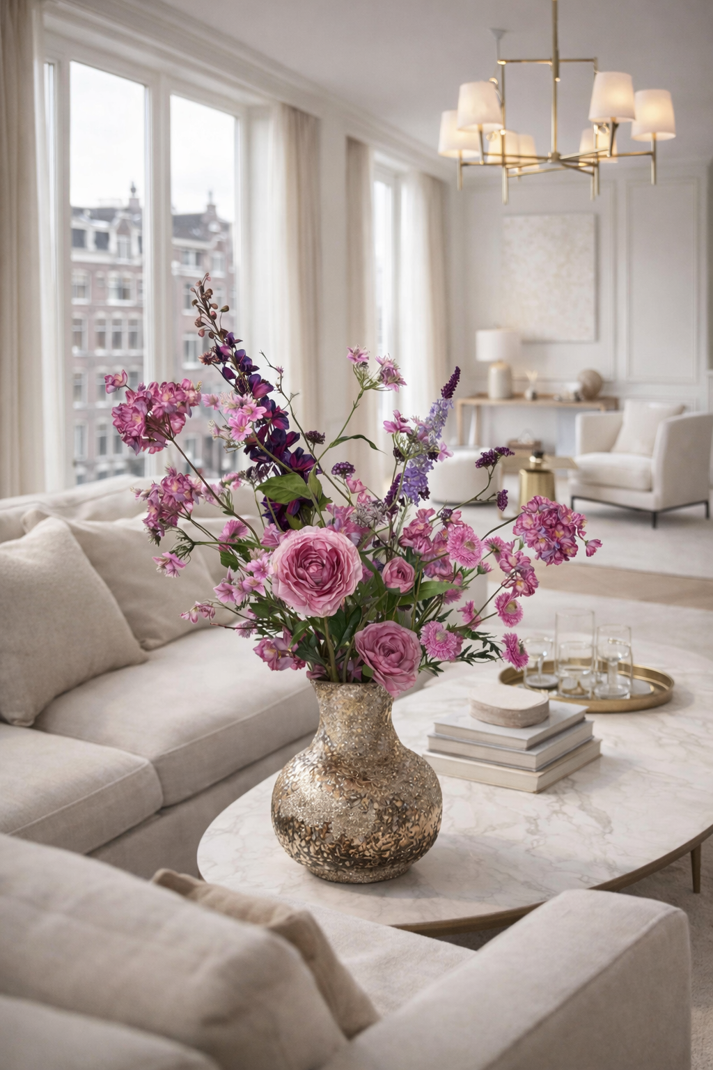 Zijden veldboeket Marloes met vaas