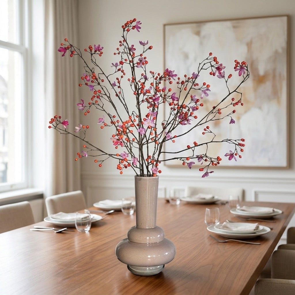 Zijden bloemen boeket, bessentakken oranje, silk ka