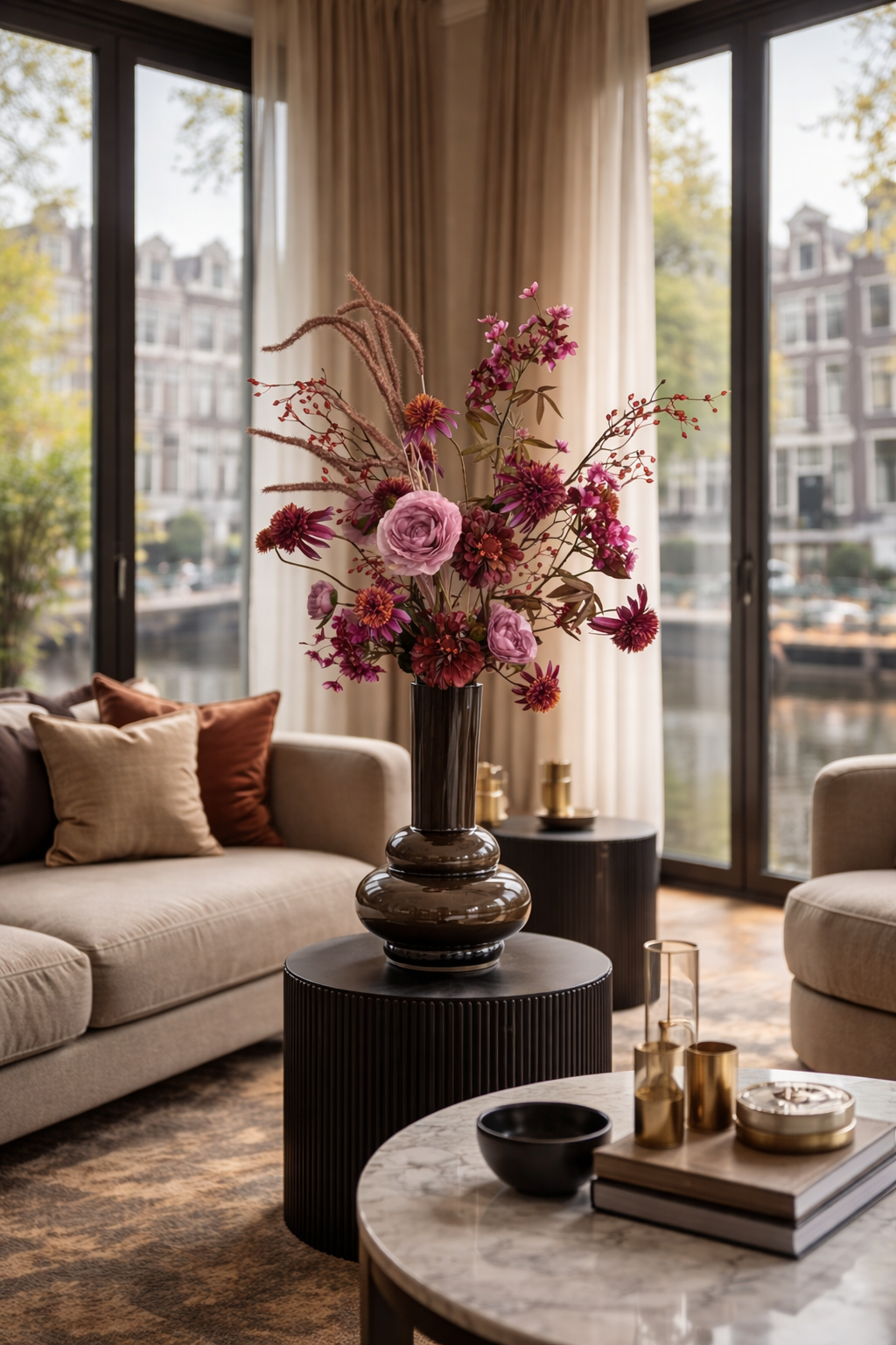 Zijden bloemen boeket in paars met bruine vaas - Silk Ka