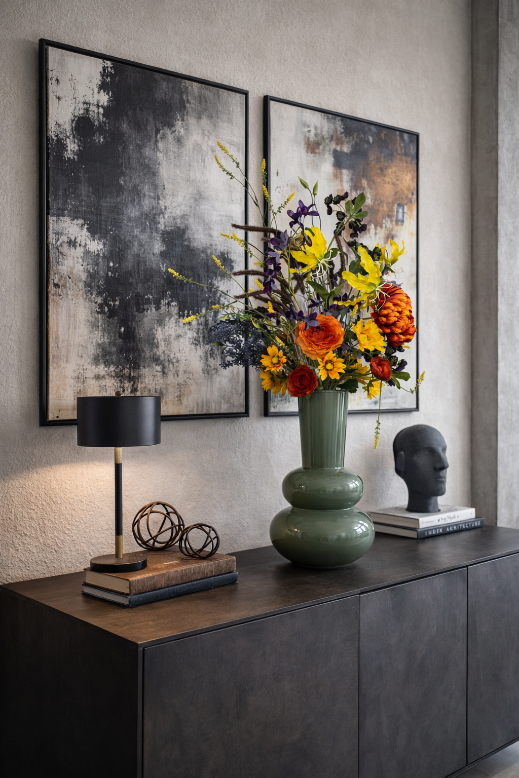 Kunstbloemen boeket bont boeket geel, paars, oranje zijden boeket in grote groene vaas 