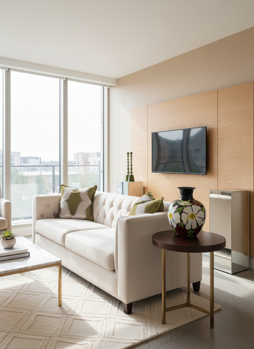 Olijfgroene interieur decoratie set met zwarte vaas voor kunstbloemen