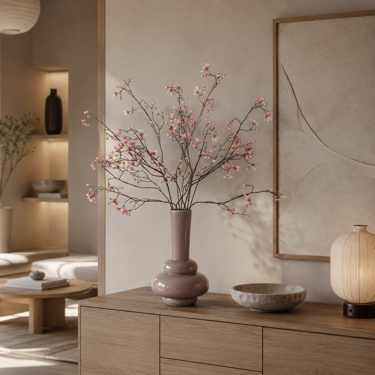 Zijden bessentakken van Silk Ka in beige vaas in een japandi stijl interieur 