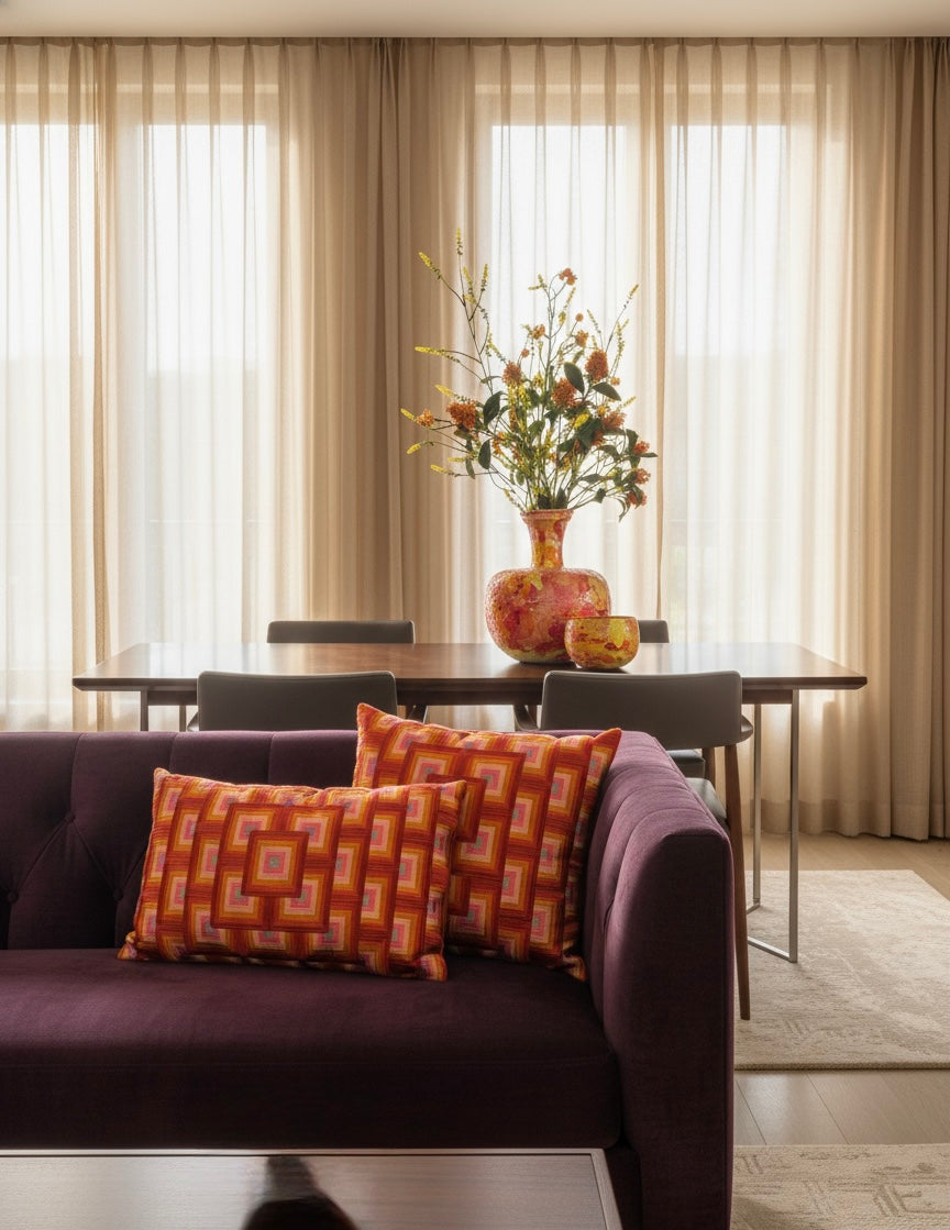 interieur inspiratie complete set sunrise kunstbloemen vaas kussens