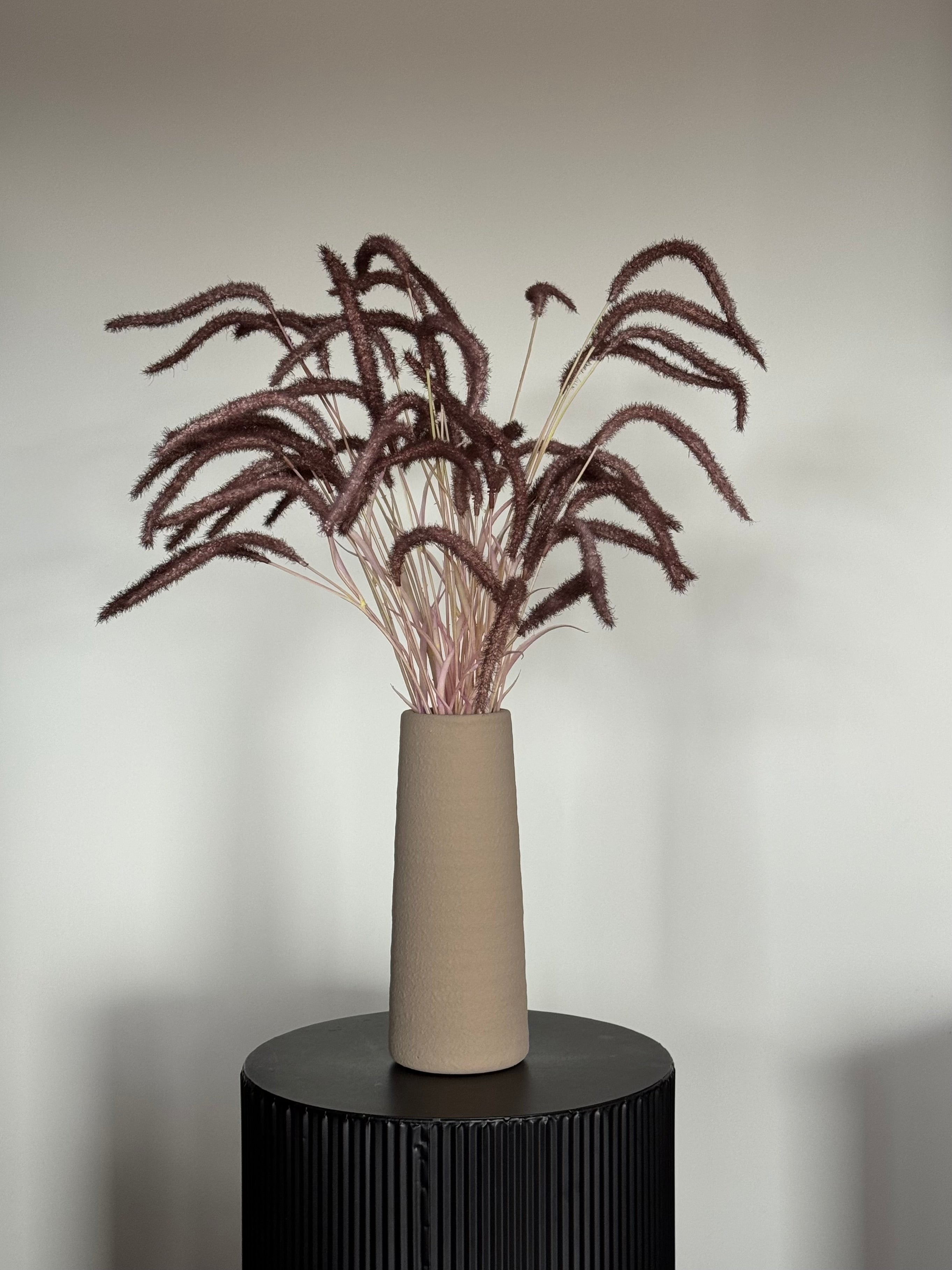 Minimalistische Japandi woondecoratie met zijden grastakken in een rustige woonkamer.