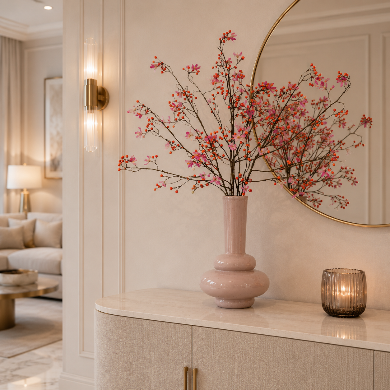 Oranje zijden bessentakken van Silk Ka in beige vaas op een dressoir in een lichtgekleurd hotel chique interieur