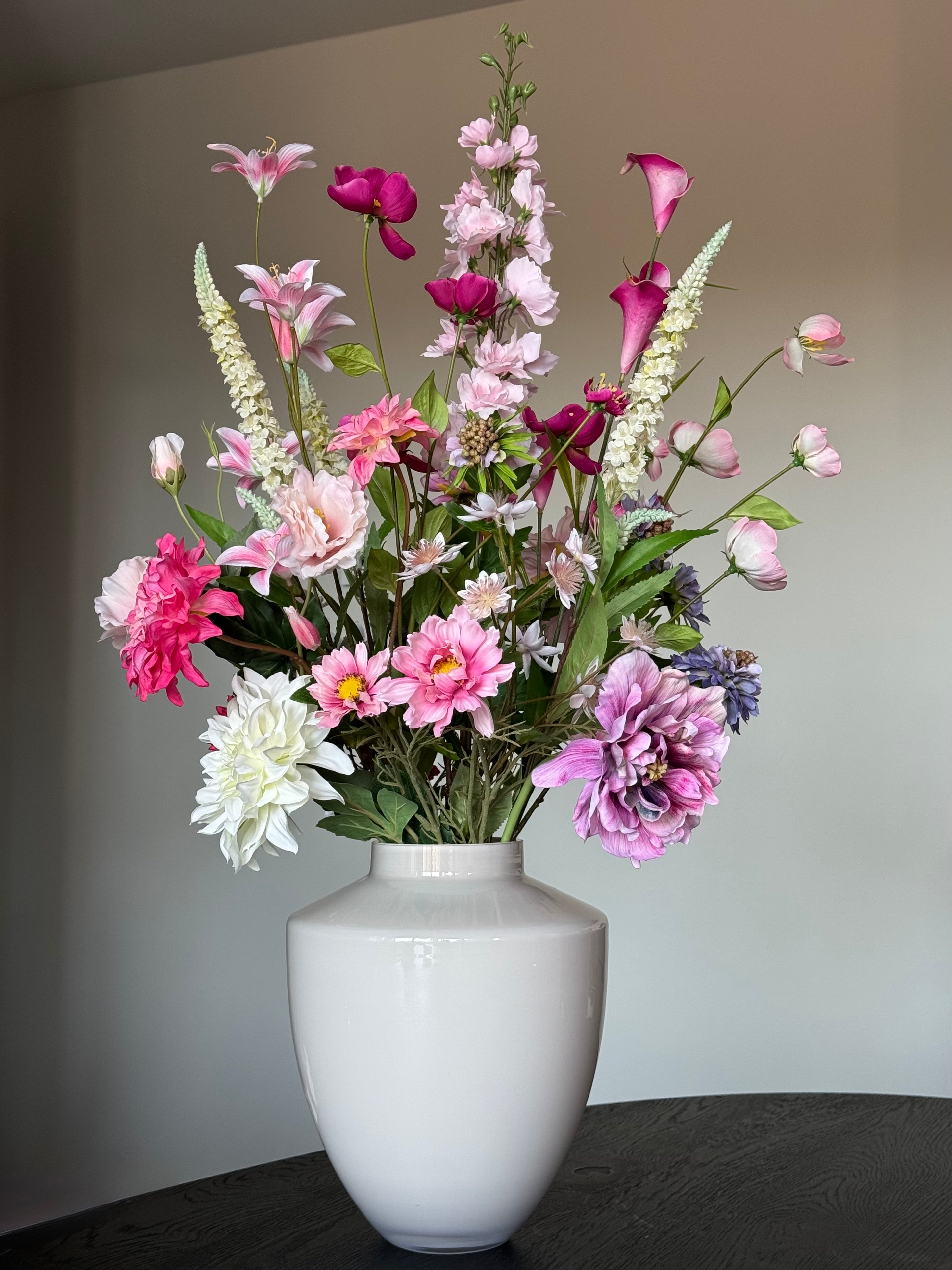 kunstbloemen veldboeket in wit roze en paars met tugela vaas s