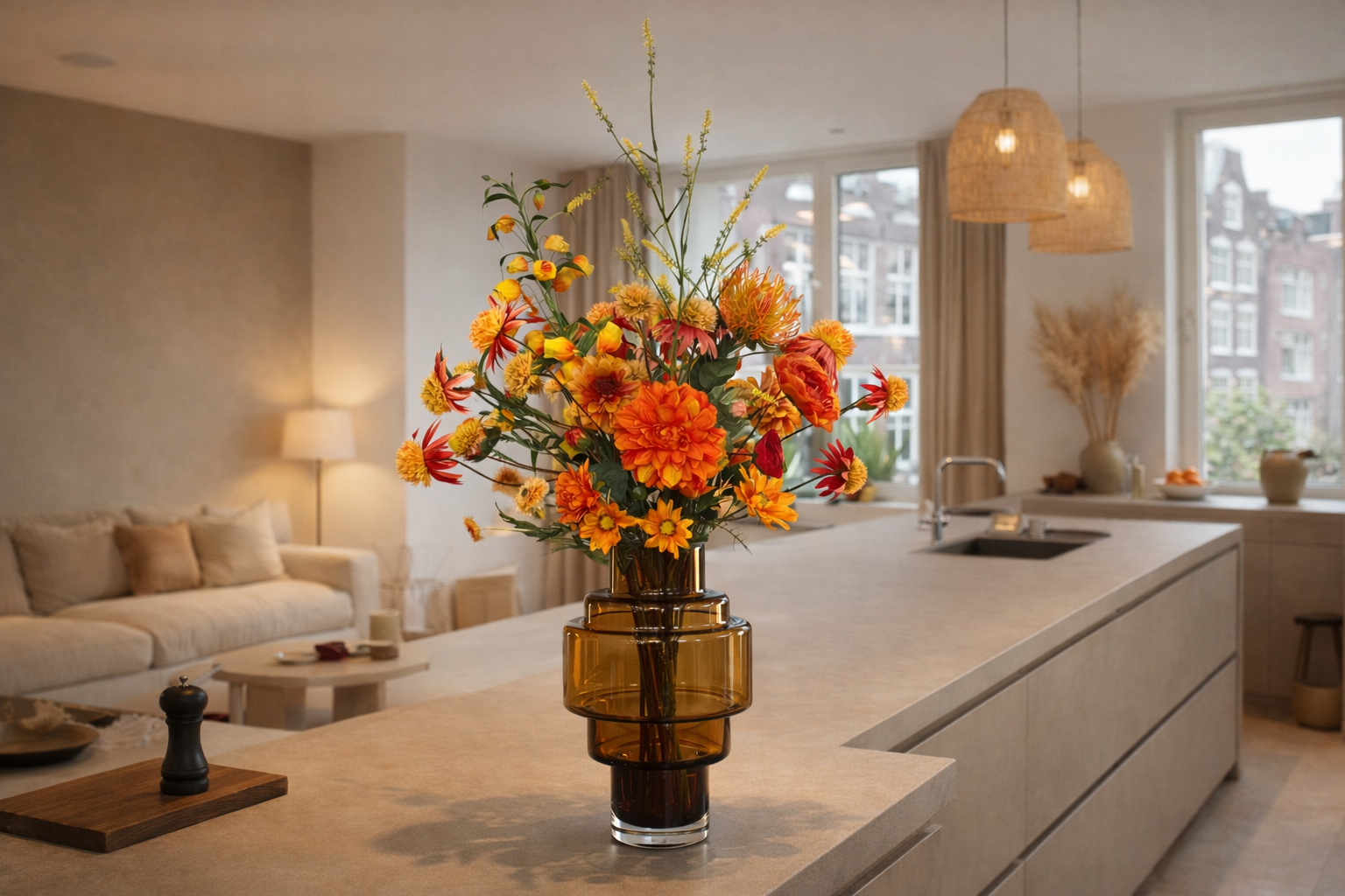 luxe zijden bloemen op kookeiland in huiskamer